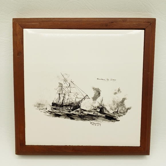 Vintage H&R Johnson Framed Tile Trivet from England Sailboats Shipwreck RARE. - Picture 1 of 9